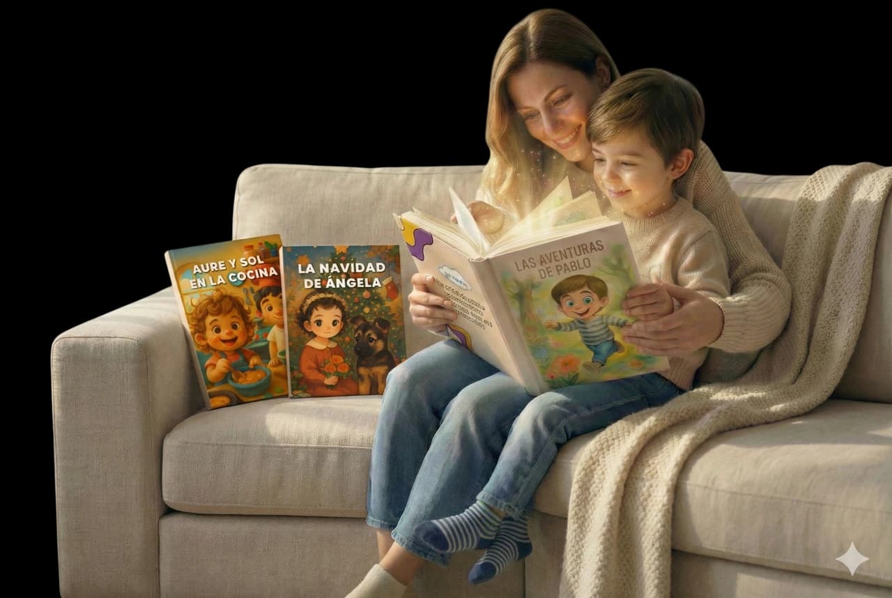 Madre e hijo leyendo un cuento personalizado